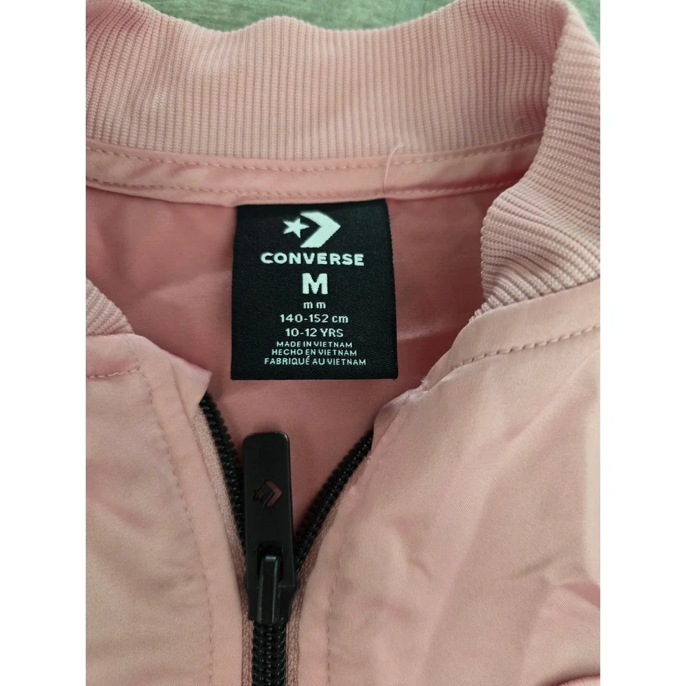 Converse Girls Pink Bomber Jacket Sleeves‎ Logo Lightweight Coat Satin Medium